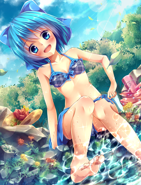 Anime picture 764x1000 with touhou cirno yasuno (airy light) single tall image looking at viewer blush short hair open mouth blue eyes light erotic sitting blue hair sky cloud (clouds) head tilt :d soaking feet girl navel