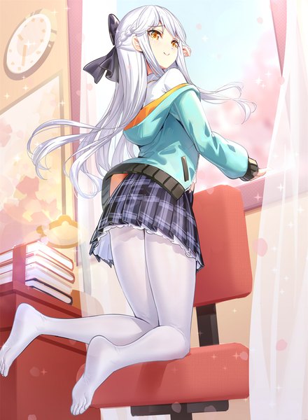 Anime picture 881x1200 with original saegusa riko ririko (zhuoyandesailaer) single long hair tall image blush fringe smile yellow eyes payot looking away silver hair full body indoors pleated skirt from behind off shoulder sparkle no shoes
