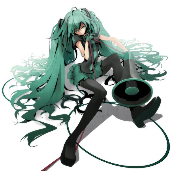 イラスト 1200x1188 と ボーカロイド 恋は戦争 初音ミク ぜろきち simple background 笑顔 白背景 ツインテール very long hair aqua eyes aqua hair 女の子 ストッキング スカート 手袋 megaphone