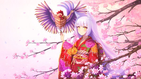 Anime picture 1920x1080 with original rizihike single long hair looking at viewer blush fringe highres simple background smile wide image standing animal ears yellow eyes payot white hair blunt bangs traditional clothes japanese clothes fox ears