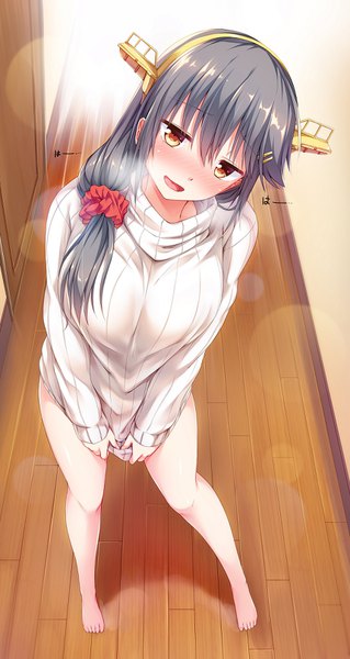 Anime picture 860x1616 with kantai collection haruna battleship yuumaru (you mya) single long hair tall image looking at viewer blush fringe breasts open mouth light erotic black hair hair between eyes large breasts standing brown eyes full body head tilt barefoot