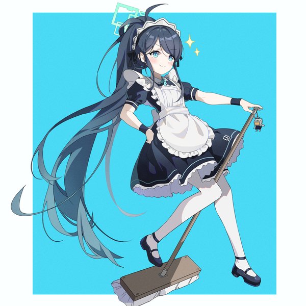 Anime picture 1250x1250 with blue archive aris (blue archive) aris (maid) (blue archive) hoshiko (419401x) single blush fringe blue eyes black hair simple background smile looking away full body ponytail very long hair maid hand on hip official alternate costume border blue background