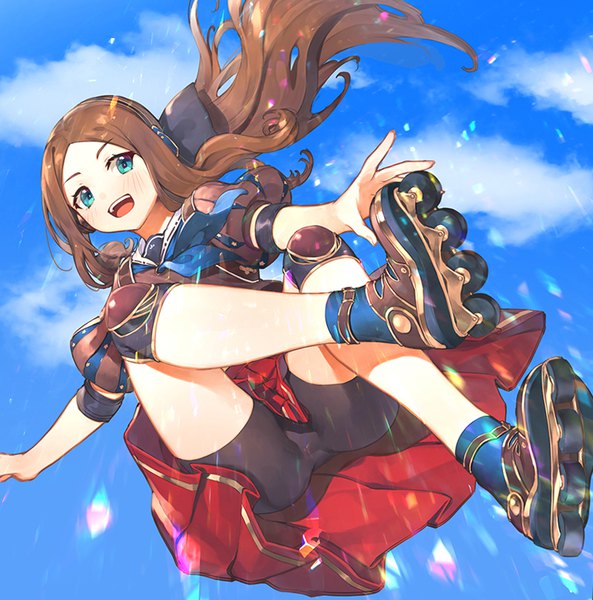 Anime picture 798x808 with fate (series) fate/grand order leonardo da vinci (fate) leonardo da vinci (rider) (fate) kotoribako single long hair tall image looking at viewer blush open mouth light erotic smile brown hair payot sky cloud (clouds) full body bent knee (knees) outdoors