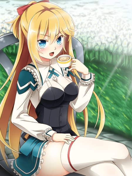 Anime picture 900x1200 with absolute duo 8bit lilith bristol khnchak single long hair tall image looking at viewer blush fringe breasts open mouth blue eyes blonde hair hair between eyes large breasts sitting holding payot outdoors
