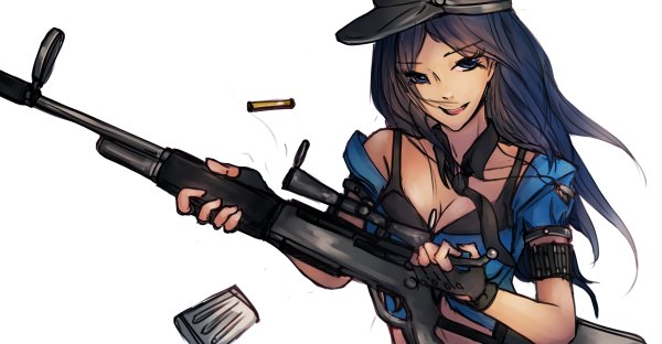Anime picture 1200x624 with league of legends caitlyn (league of legends) officer caitlyn jacksonso single long hair looking at viewer breasts open mouth blue eyes black hair simple background wide image white background holding cleavage casing ejection girl gloves uniform