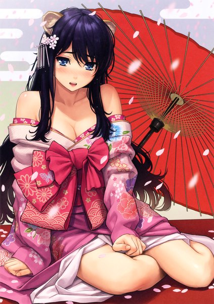 Anime picture 1945x2760 with original homunculus (artist) single long hair tall image looking at viewer blush fringe highres breasts open mouth blue eyes sitting bare shoulders animal ears cleavage purple hair traditional clothes :d japanese clothes