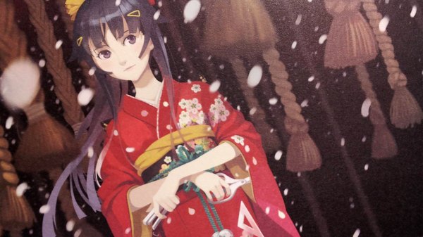 Anime picture 1920x1080 with bakemonogatari senjougahara hitagi single long hair fringe highres black hair wide image purple eyes looking away traditional clothes japanese clothes girl hair ornament petals kimono hairclip scissors