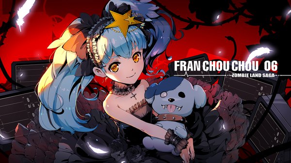 Anime picture 1778x1000 with zombie land saga mappa hoshikawa lily romero (zombie land saga) d-zhai single long hair looking at viewer highres smile wide image twintails blue hair from above orange eyes copyright name girl dress hair ornament animal