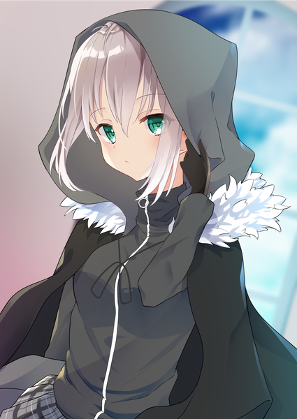 Anime picture 1433x2024 with fate (series) fate/grand order lord el-melloi ii case files gray (fate) agaki anko single tall image looking at viewer blush fringe short hair hair between eyes green eyes payot sky silver hair upper body indoors long sleeves fur trim