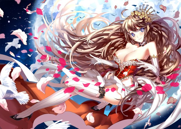 Anime picture 1407x1000 with original miyazaki byou single long hair blush breasts blue eyes light erotic brown hair girl thighhighs dress gloves hair ornament animal petals white thighhighs elbow gloves bird (birds)