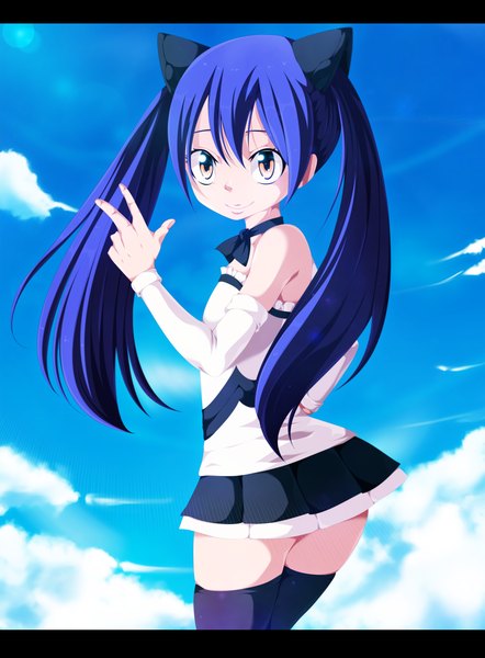 Anime picture 3200x4341 with fairy tail wendy marvell salim202 single long hair tall image highres smile twintails bare shoulders blue hair absurdres sky cloud (clouds) pleated skirt looking back orange eyes loli coloring victory