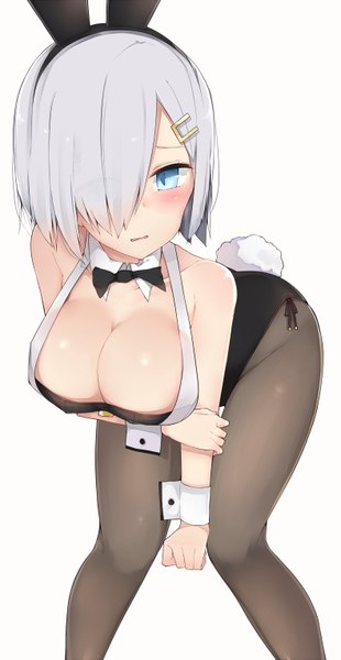 Anime picture 789x1523 with kantai collection hamakaze destroyer cole single tall image blush fringe short hair breasts blue eyes light erotic simple background large breasts white background bare shoulders animal ears looking away silver hair bent knee (knees) tail