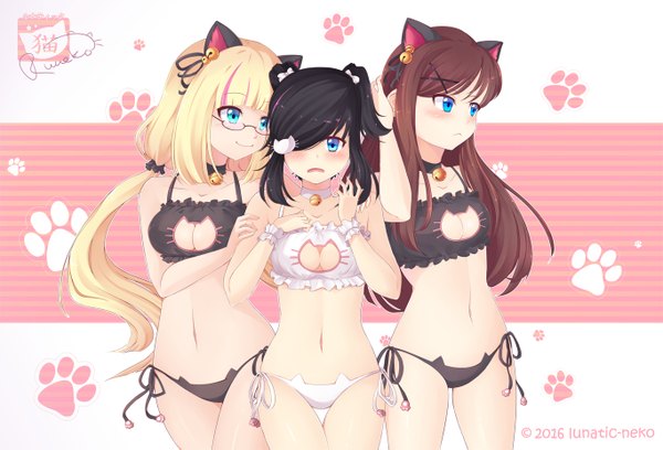 Anime picture 1366x931 with original runeko long hair looking at viewer blush fringe short hair breasts open mouth blue eyes light erotic black hair blonde hair brown hair standing multiple girls animal ears hair over one eye underwear only thigh gap