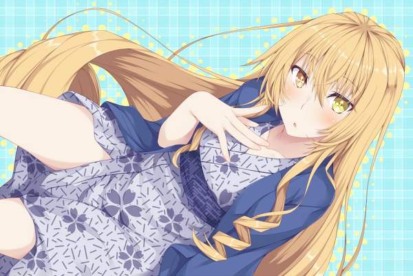 Anime picture 1200x802 with original suterii single looking at viewer blush fringe blonde hair hair between eyes very long hair traditional clothes japanese clothes heterochromia drill hair hand on chest symbol-shaped pupils plaid plaid background girl obi yukata