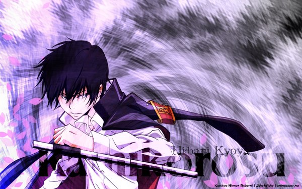 Anime picture 1440x900 with katekyou hitman reborn hibari kyouya black hair wide image clothes on shoulders boy weapon