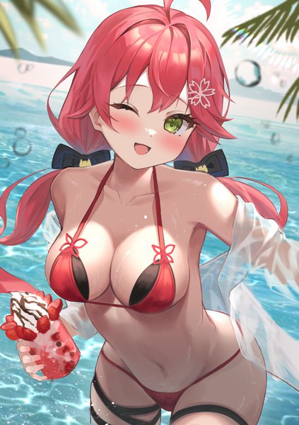 Anime picture 2545x3613 with virtual youtuber hololive sakura miko dodota single long hair tall image looking at viewer blush fringe highres breasts open mouth light erotic smile hair between eyes large breasts standing twintails holding