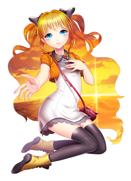 Anime picture 740x1018 with vocaloid seeu saban single long hair tall image looking at viewer blush blue eyes blonde hair light smile two side up transparent background girl thighhighs dress bow black thighhighs hair bow boots