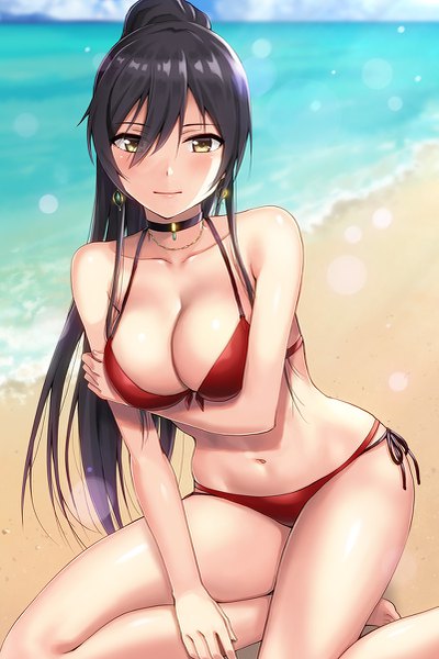 Anime picture 801x1200 with idolmaster idolmaster shiny colors shirase sakuya hashi single long hair tall image looking at viewer blush fringe breasts light erotic black hair hair between eyes large breasts sitting yellow eyes sky cleavage cloud (clouds)