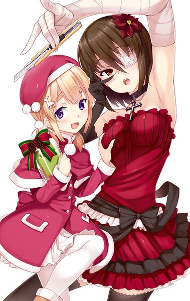 Anime picture 632x1000 with gin (ginshari) tall image blush short hair open mouth blonde hair simple background red eyes brown hair white background purple eyes multiple girls girl thighhighs dress gloves black thighhighs 2 girls elbow gloves beret