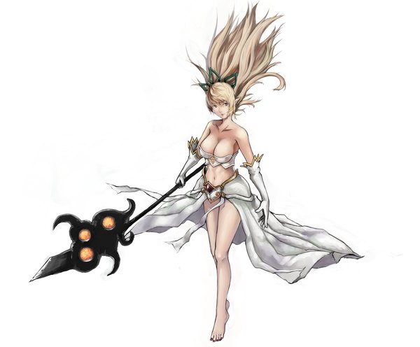 Anime picture 2000x1654 with league of legends janna windforce darkautism single long hair looking at viewer highres breasts light erotic simple background blonde hair large breasts white background yellow eyes barefoot pointy ears legs girl dress hair ornament