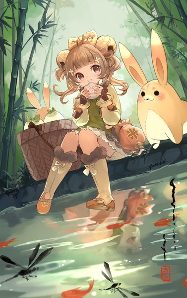 Anime picture 1286x2048 with genshin impact yaoyao (genshin impact) yuegui (genshin impact) issign single tall image looking at viewer fringe short hair brown hair sitting brown eyes full body outdoors blunt bangs hair bell girl plant (plants) water food