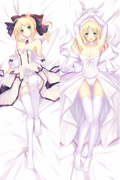 Anime picture 1200x1800 with fate (series) fate/stay night fate/extra fate/extra ccc type-moon artoria pendragon (all) saber nero claudius (fate) (all) nero claudius (bride) (fate) bison cangshu long hair tall image blush blue eyes light erotic blonde hair bare shoulders full body multiview dakimakura (medium)