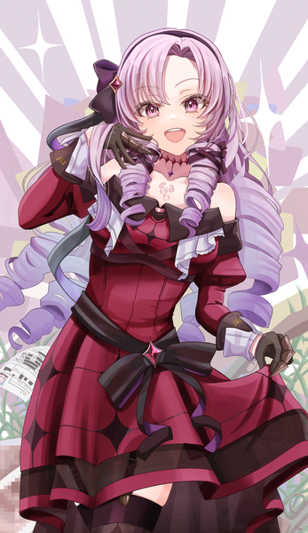 Anime picture 2213x3824 with virtual youtuber nijisanji hyakumantenbara salome hyakumantenbara salome (1st costume) musson single long hair tall image looking at viewer highres open mouth purple eyes purple hair :d drill hair girl thighhighs dress gloves black thighhighs