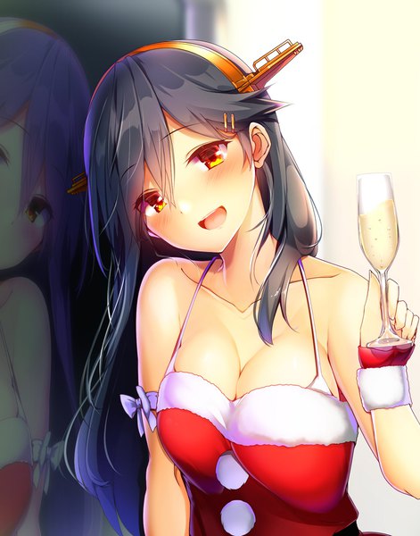 Anime picture 1496x1906 with kantai collection haruna battleship tsukui kachou single long hair tall image blush fringe breasts open mouth light erotic black hair hair between eyes large breasts yellow eyes cleavage head tilt :d alternate costume fur trim