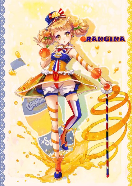 Anime picture 1968x2780 with original orangina dorris tall image looking at viewer highres short hair yellow eyes orange hair flag print france girl thighhighs dress hat bubble (bubbles) staff single thighhigh orange (fruit)
