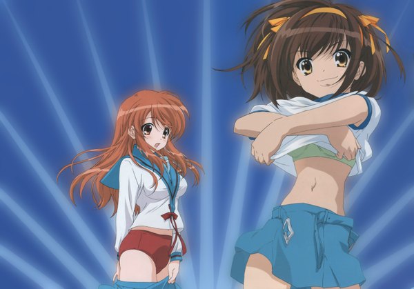 Anime picture 3289x2302 with suzumiya haruhi no yuutsu kyoto animation suzumiya haruhi asahina mikuru highres light erotic undressing shirt lift girl uniform gym uniform buruma