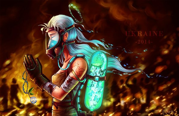 Anime picture 1280x835 with original rilun (artist) long hair bare shoulders signed silver hair eyes closed profile inscription glowing silhouette praying 2014 peace symbol girl gloves animal bird (birds) pendant insect