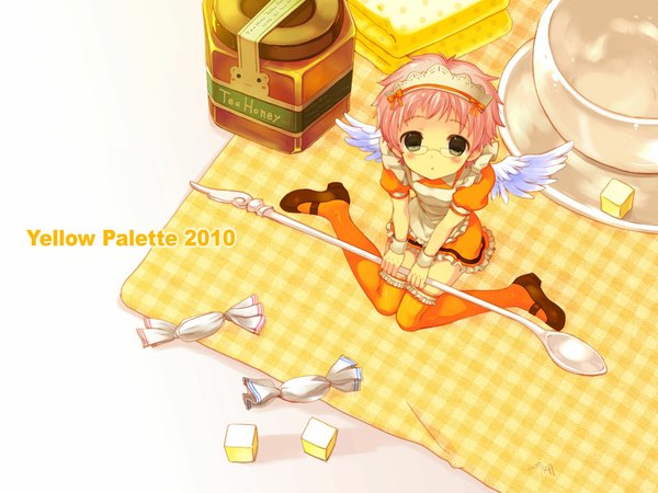 Anime picture 1024x768 with original takeda mika single looking at viewer blush short hair sitting green eyes pink hair full body wallpaper wariza angel wings minigirl 2010 girl thighhighs dress wings glasses