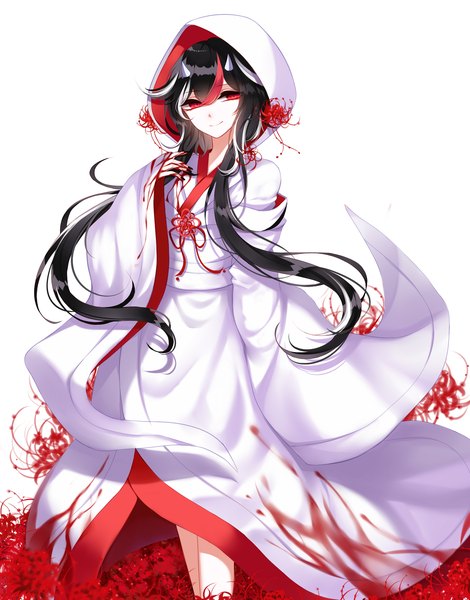 Anime picture 1800x2300 with touhou kijin seija sheya single long hair tall image looking at viewer fringe highres black hair smile hair between eyes red eyes standing white background payot long sleeves nail polish traditional clothes japanese clothes