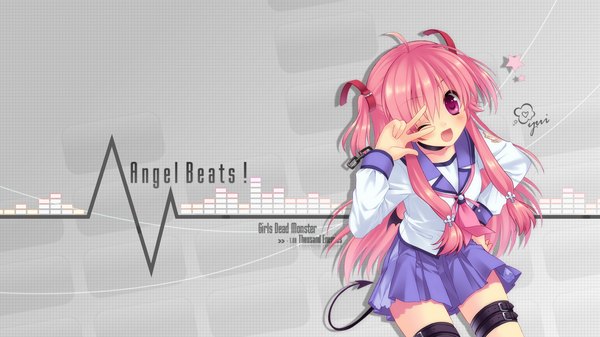 Anime picture 1920x1080 with angel beats! key (studio) yui (angel beats!) highres wide image pink hair one eye closed pink eyes wink two side up serafuku