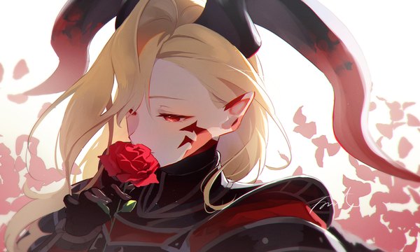Anime picture 1836x1103 with fate (series) fate/grand order nero claudius (fate) queen draco (fate) queen draco (third ascension) (fate) fomnant single long hair fringe highres blonde hair red eyes wide image looking away horn (horns) pointy ears hair over one eye girl flower (flowers) rose (roses)