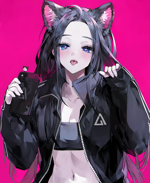 Anime picture 1300x1579 with original muaooooo single long hair tall image looking at viewer blush fringe breasts open mouth blue eyes black hair simple background standing holding animal ears cleavage ahoge long sleeves cat ears