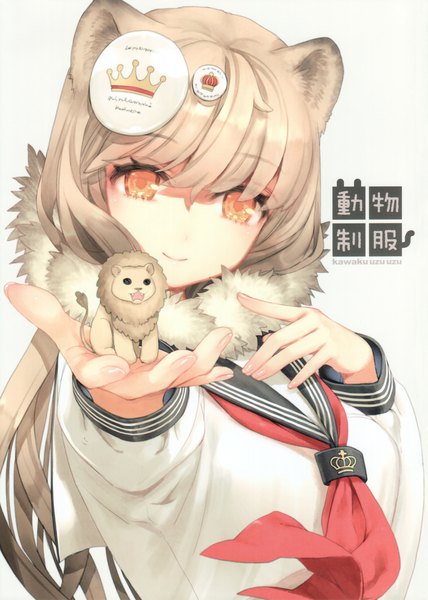 Anime picture 2165x3036 with original kawaku single long hair tall image looking at viewer fringe highres blonde hair smile holding animal ears yellow eyes scan teeth fang (fangs) text outstretched arm polka dot girl