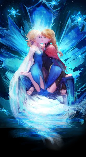 Anime picture 659x1200 with frozen (disney) disney elsa (frozen) anna (frozen) long hair tall image breasts blue eyes blonde hair brown hair multiple girls bent knee (knees) braid (braids) profile barefoot legs single braid shoujo ai siblings kiss