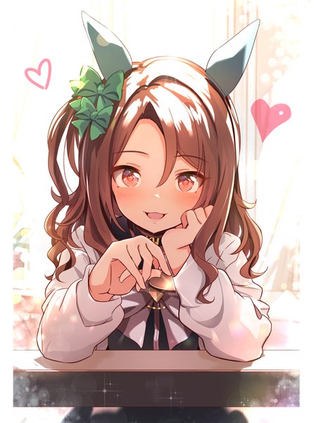 Anime picture 2230x3000 with umamusume king halo (umamusume) death2990 single long hair tall image looking at viewer highres open mouth red eyes brown hair animal ears upper body :d one side up valentine horse ears head rest girl bow