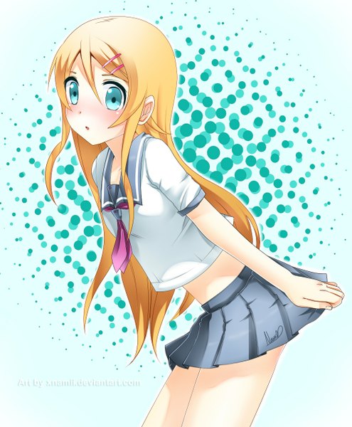 Anime picture 1050x1271 with ore no imouto ga konna ni kawaii wake ga nai kousaka kirino nami (nyaa) single long hair tall image blush blue eyes blonde hair girl skirt uniform hair ornament school uniform miniskirt bobby pin