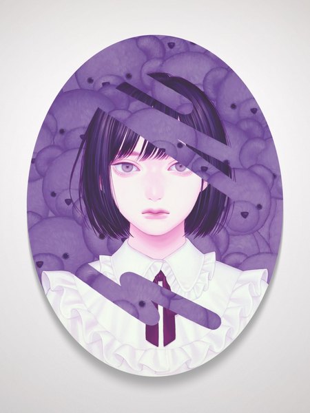Anime picture 1500x2000 with original konno mayumi single tall image looking at viewer fringe black hair simple background purple eyes lips realistic portrait expressionless traditional media surreal girl toy stuffed animal stuffed toy teddy bear