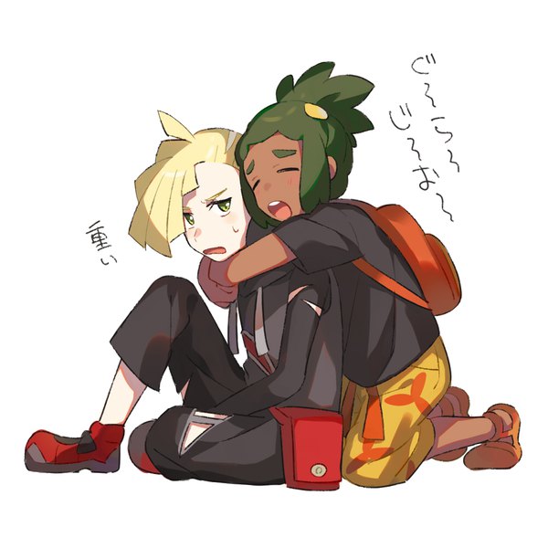 Anime picture 1000x1000 with pokemon pokemon sm nintendo gladio (pokemon) hau (pokemon) unapoppo short hair open mouth blonde hair simple background white background green eyes full body eyes closed green hair multiple boys hug kneeling text dark skin