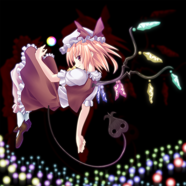 Anime picture 1200x1200 with touhou flandre scarlet ina (inadahime) single short hair blonde hair red eyes looking back demon tail girl dress weapon wings bonnet crystal laevatein (touhou)