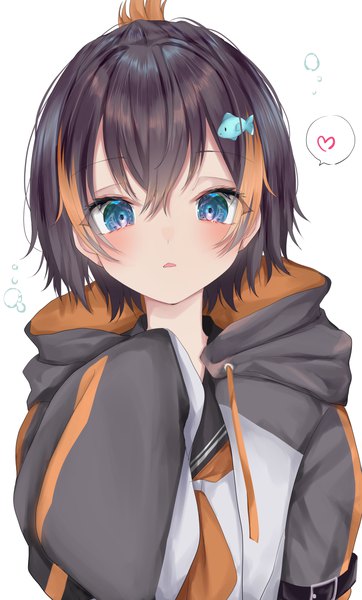 Anime picture 2355x3906 with virtual youtuber nijisanji nijisanji en petra gurin petra gurin (1st costume) moemoepiano single tall image looking at viewer blush fringe highres short hair blue eyes black hair simple background hair between eyes white background upper body multicolored hair