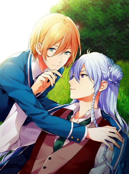 Anime picture 740x1000 with ensemble stars! hibiki wataru tenshouin eichi uririri69 long hair tall image fringe short hair blonde hair smile hair between eyes purple eyes purple hair braid (braids) aqua eyes multiple boys hair bun (hair buns) couple side braid eye contact