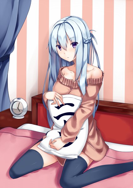 Anime picture 1200x1696 with karakura0 single long hair tall image looking at viewer blush purple eyes silver hair girl thighhighs black thighhighs pillow bed sweater clock alarm clock