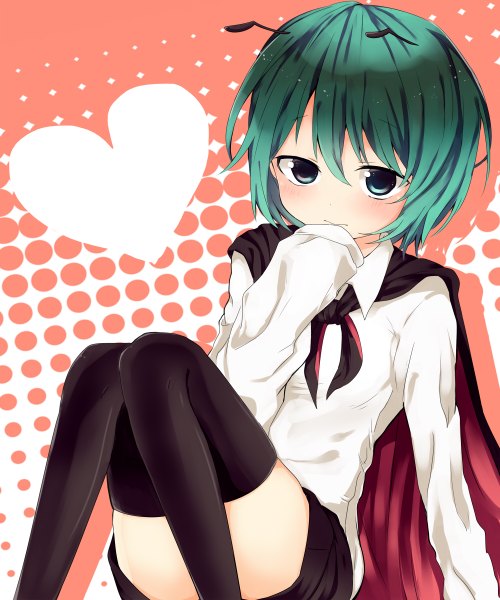 Anime picture 1000x1200 with touhou wriggle nightbug totokiwa (pixiv) single tall image looking at viewer blush short hair light erotic sitting green eyes long sleeves green hair girl thighhighs skirt black thighhighs shirt heart cape