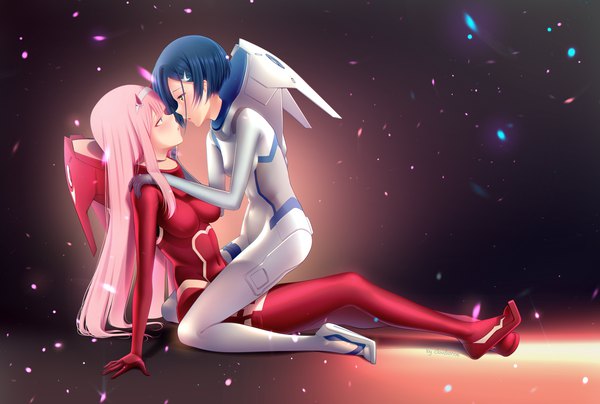 Anime picture 3679x2479 with darling in the franxx studio trigger zero two (darling in the franxx) ichigo (darling in the franxx) cloudxmoe long hair blush fringe highres short hair breasts light erotic sitting multiple girls green eyes signed blue hair pink hair absurdres full body