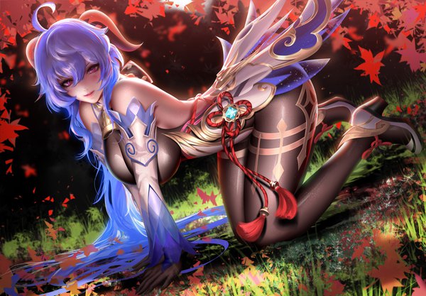 Anime picture 5000x3475 with genshin impact ganyu (genshin impact) liang xing single long hair looking at viewer blush fringe highres breasts smile hair between eyes large breasts purple eyes payot blue hair absurdres full body ahoge outdoors