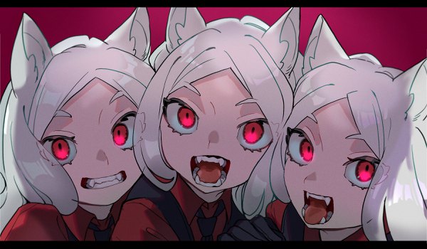 Anime picture 2400x1400 with helltaker cerberus (helltaker) ckw kb long hair looking at viewer highres open mouth simple background smile red eyes wide image multiple girls animal ears upper body white hair teeth fang (fangs) grin letterboxed demon girl